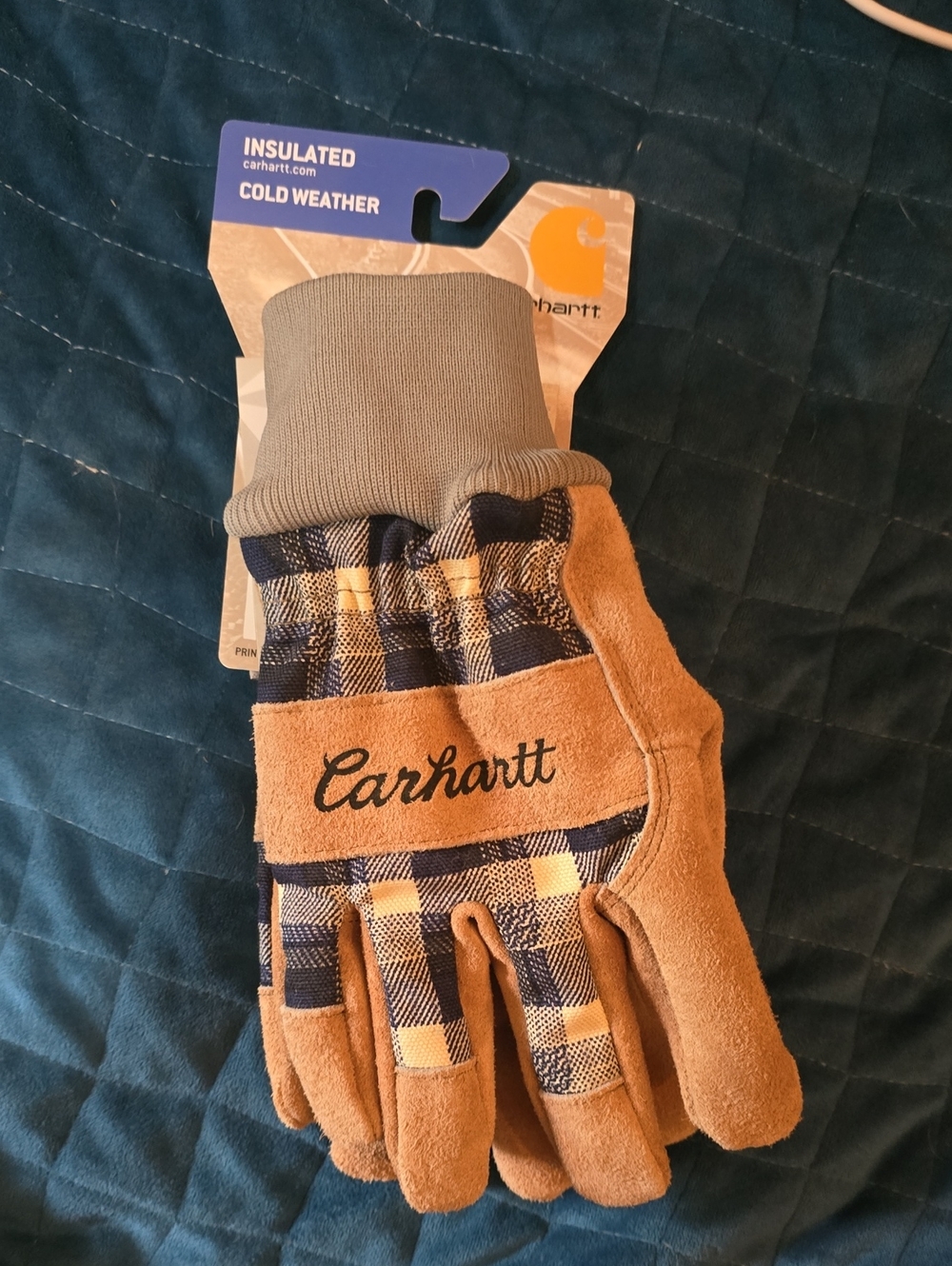 Carhartt Tan and Navy Plaid Suede Work Gloves